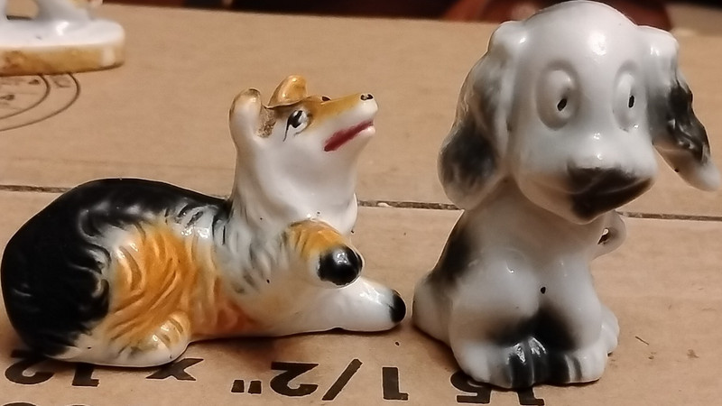 Japan Porcelain Dog Figurines Pair (2) Black/White & Gray, Non Breed Specific