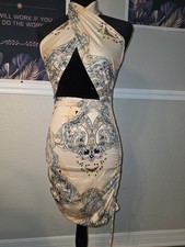 Beige Multicolor Paisley Halter Cutout Ruched Bodycon Mini Pullover Dress 