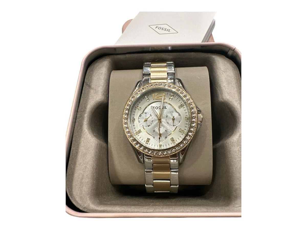 Fossil Watch Riley Women\'s Beige Gold Crystal Bezel Analog Dial Quartz Wristwatc Amazon.com: Fossil Women main image 3