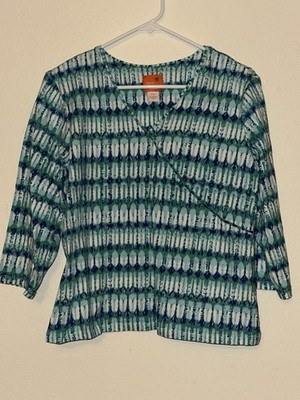 Hearts of Palm Petite Green Blue Cotton Spandex Geometric Blouse PXL