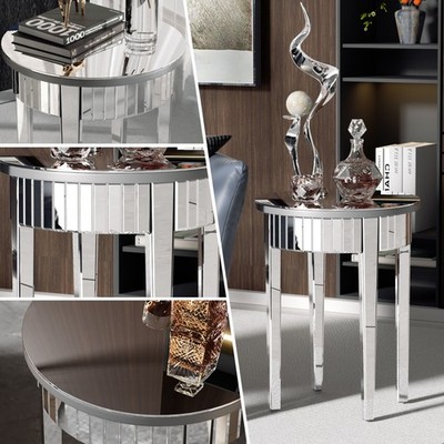 Round Silver Mirrored Side Table Modern Glass Accent for Living