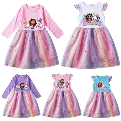 Kinder Mädchen Gabbys Dollhouse Kostüme Kleid Regenbogen Mesh Party Tutu Röcke - Bild 1 von 4