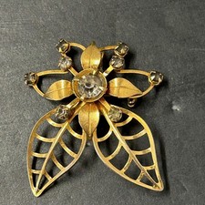 Vintage Floral Brooch Rhinestone Filigree Leaf Pin Mid-Century Modern