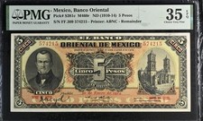 MEXICO, BANCO ORIENTAL 5 PESOS 1910 - 1914 P#S381c PMG 35 EPQ !!