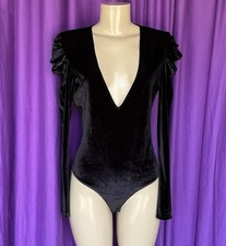 NASTYGAL Black Stretch Velveteen Long-Sleeved Deep V-Neck Thong Bodysuit Size L