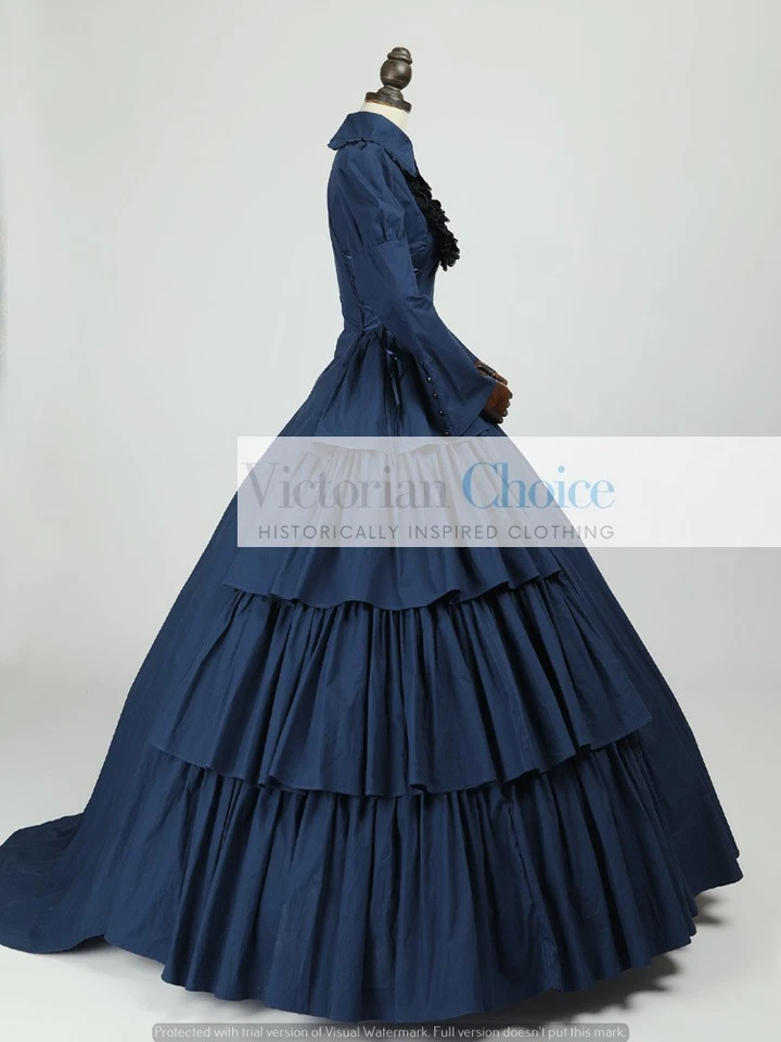 Blue Victorian Gothic Maid Mourning Dress Steampunk Witch Halloween Costume 007 - Image 3 of 4