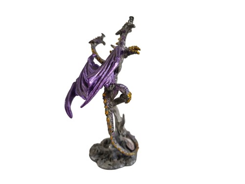 Vintage Pewter Hydra 3 Head Dragon Purple Wings w Crystal Heart 5" Figurine - Picture 4 of 6