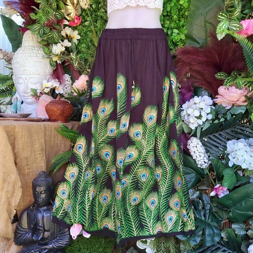 Gypsy Bohemian Peacock Long Black Maxi Skirt & Elastic Waist One Size 14/16
