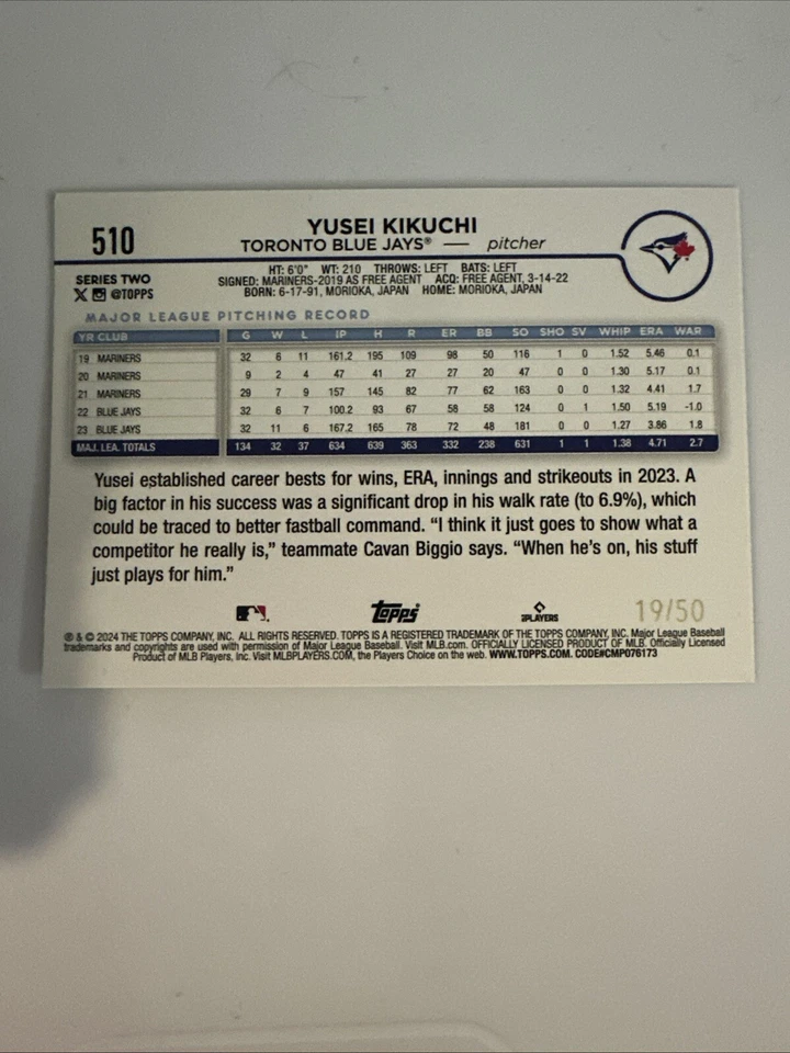 2024 Topps Yusei Kikuchi #510 Yellow Crackle /50 Toronto Blue Jays - Image 3 of 3