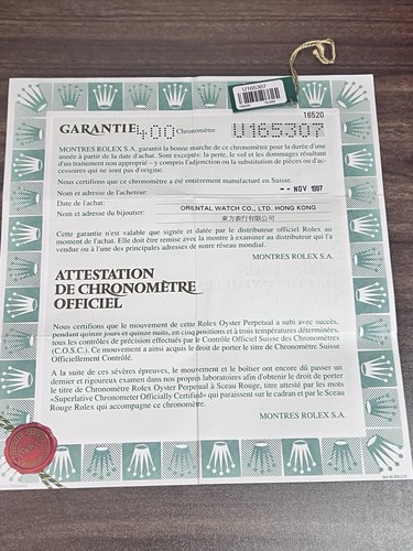 ROLEX GENUINE 16520 Daytona 1997 Certificate Paper U Series With Green Tag - Picture 2 of 6