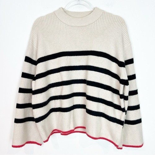 MAGLIONE PULLOVER ZARA BIANCO SPORCO NERO RIGHE FINTO COLLO COSTINE DONNA PICCOLO - Foto 4 di 8