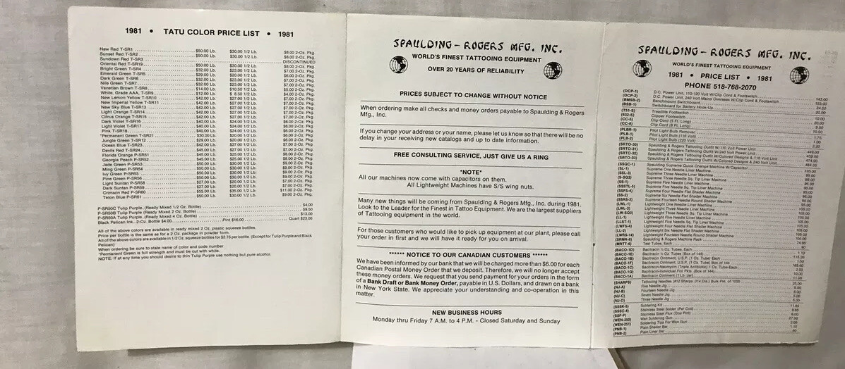 1981 Spaulding Rogers Mfg Tattoo Equipment Price List Booklet