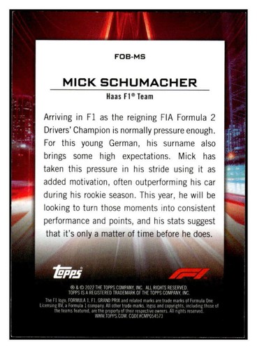 MICK SCHUMACHER 2022 Topps Formula 1 Flash of Brilliance #FOB-MS F1 Rac ID:74175 - Picture 2 of 2