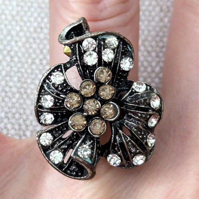 Art Deco Style Rhinestone Flower Ring Goth Floral Nature Jewelry Size 8-10