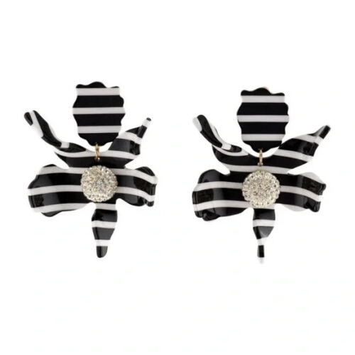 Lele Sadoughi Crystal Embellished Black/White Larger Stripe Flower earrings.