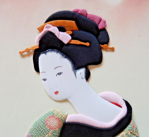 Vintage giapponese Oshie, geisha kimono 3D tessuto seta arte, arte popolare anni 60, Giappone - Foto 2 di 6