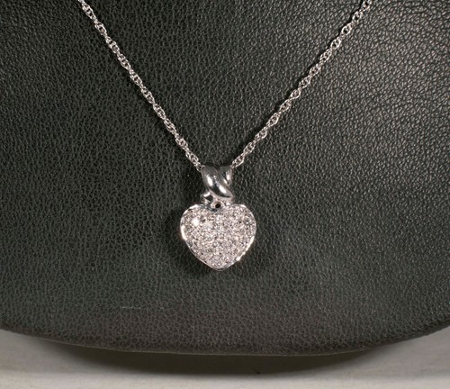 14K White Gold Necklace With Pave set Diamond Chip Heart Pendant, 18" long - Picture 2 of 5