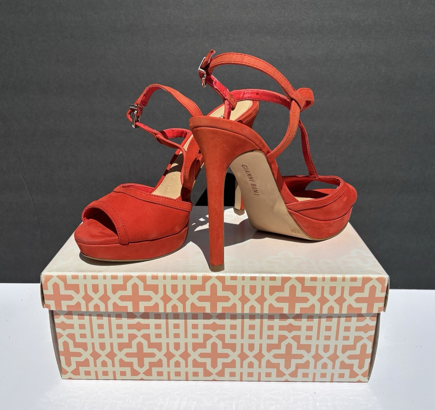 Gianni Bini Women's Red Orange Suede Open Toe Platform Stiletto Heels Size 7.5