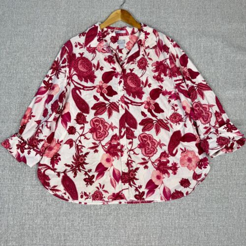 Chico's Sz 20 (4) Floral Pink Red Shirt No Iron Chic Stretch Fairy Statement