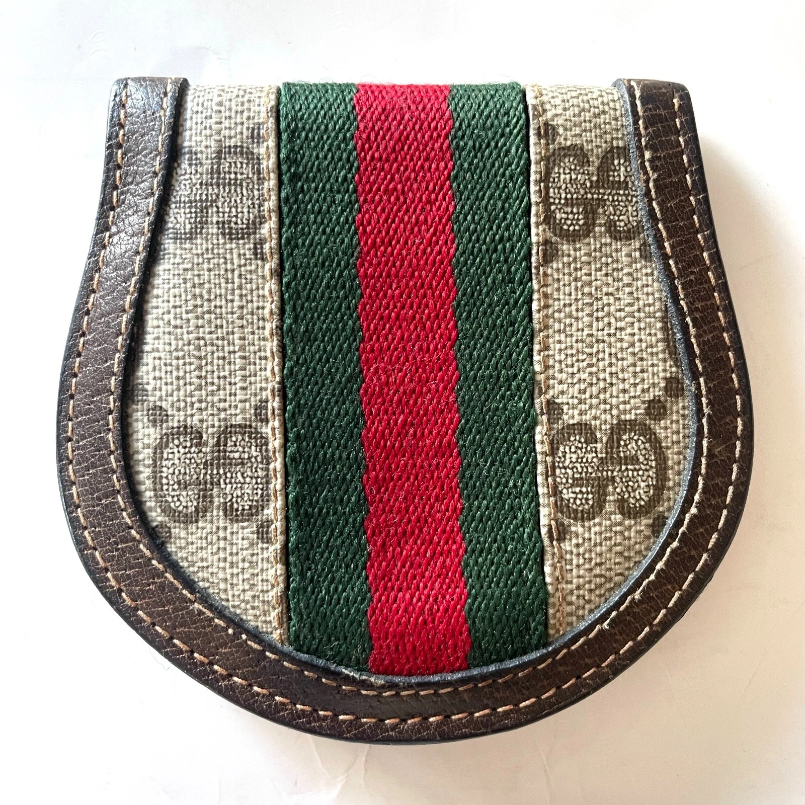 Ancien porte monnaie rond Gucci GG Supreme PVC cuir ligne sherry marron portefeuille
