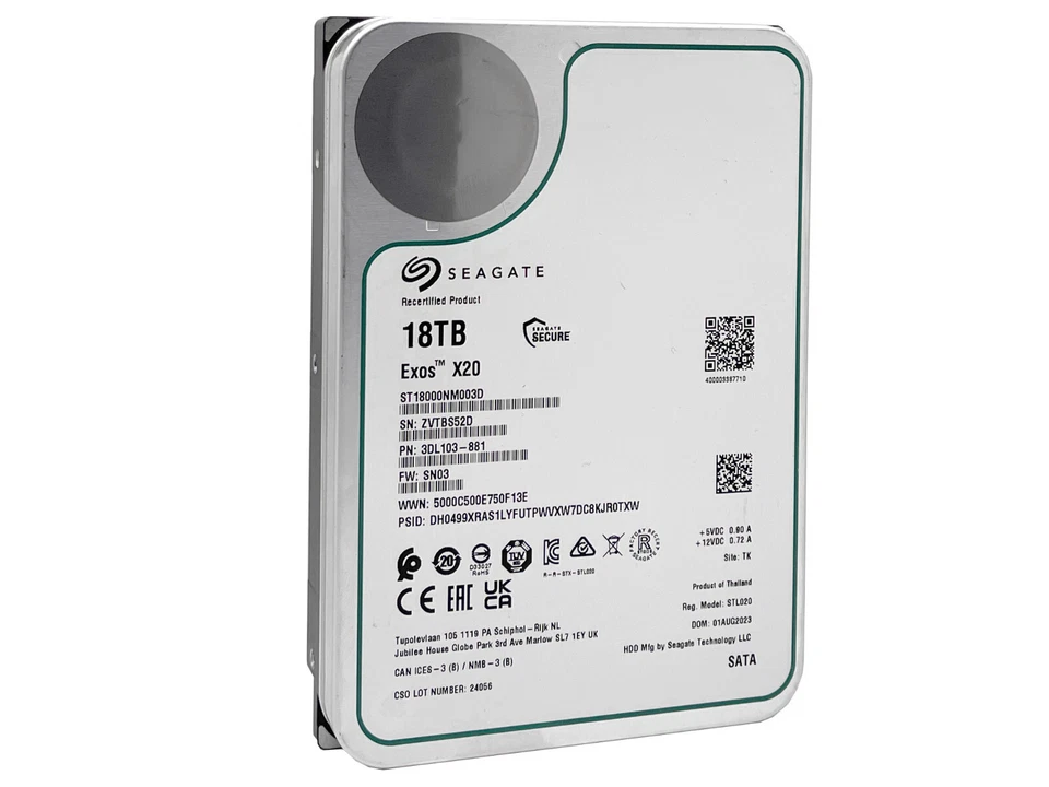 Seagate Exos X20 ST18000NM003D 18TB 512E SATA 6Gb/s 3.5" Enterprise Hard Drive