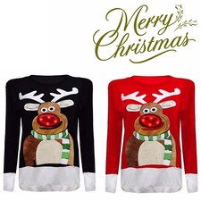 Ladies Flash Led Light Unisex Xmas Christmas 3d Rudolph Nose Knitted Tops Jumper