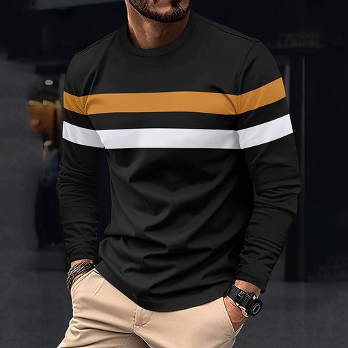 Men Stripe Long Sleeve Slim Fit Tops Casual Work T-Shirt Pullover Sweatshirts - Picture 9 of 20