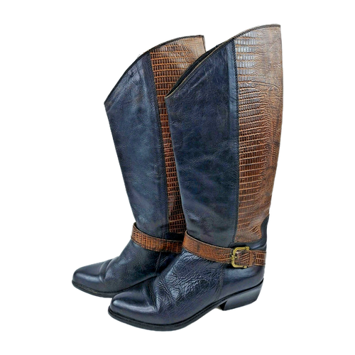 Vintage Bandolino Leather Riding Boots 1980s Low Heel Black/Brown Italy Size 7 - Picture 4 of 17