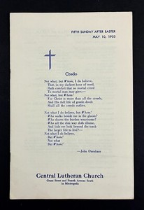 1953 Central Lutheran Church Minneapolis MN Vtg Easter Sunday Service Bulletin