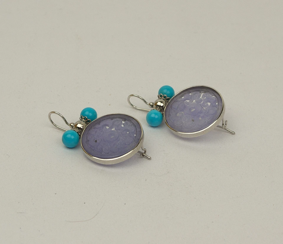 ORECCHINI  ARGENTO 925 GIADA VIOLA E PALLETTE TURCHESE 8 mm GANCIO   -AGHT 0772- - Immagine 2 di 3