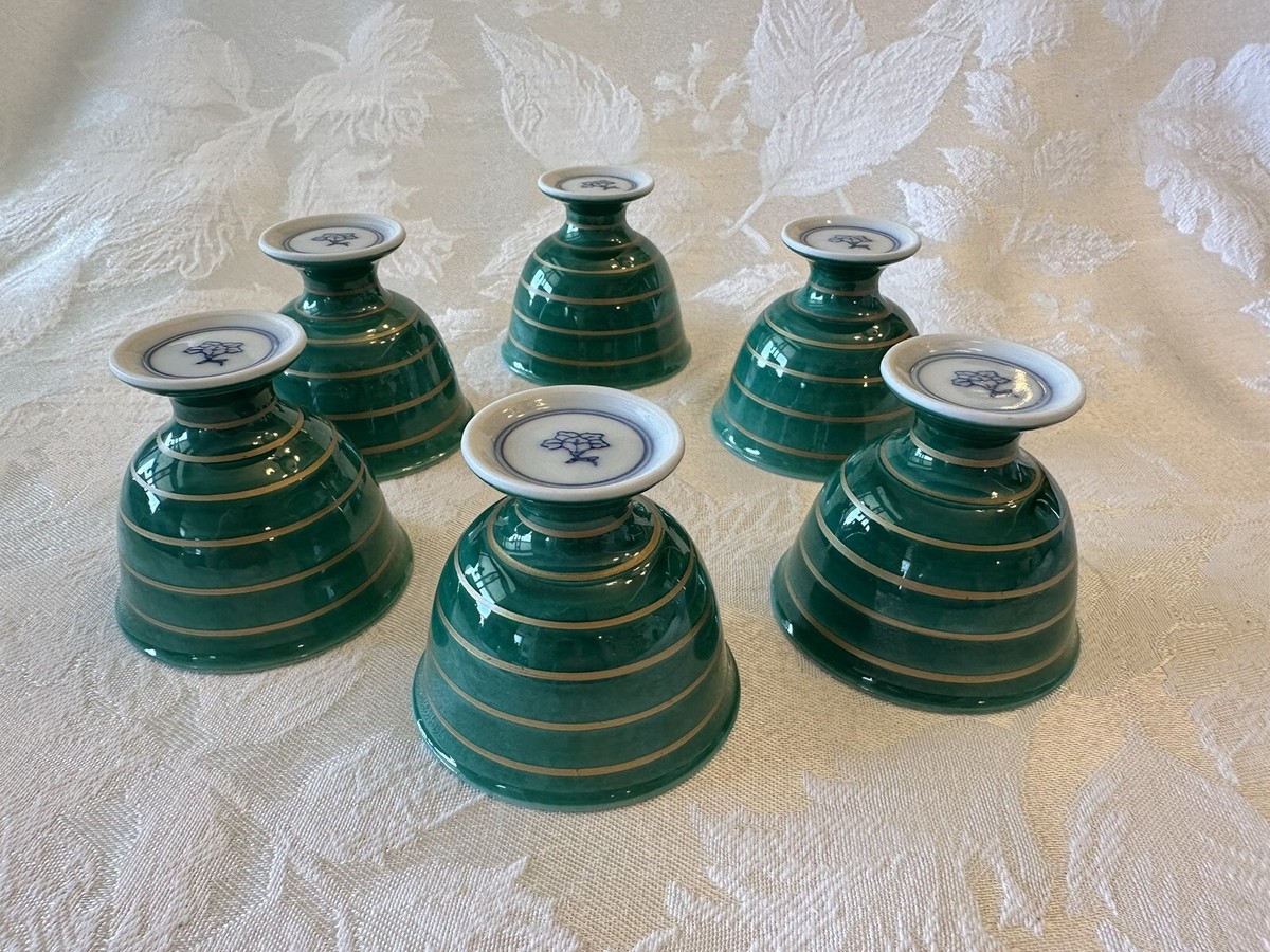 Vintage Japanese Porcelain Sake Cup Footed Set 6 Green & Gold Mark