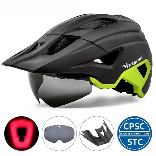 LED Bike Helmet with Sun Goggle Visor Rechargeable LED Road MTB Cycling Helmets