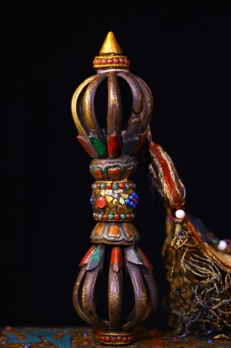 9" Tibet Ancient bronze red turquoise gem Vajra Dorje Phurpa Exorcism Talisman - Picture 5 of 14