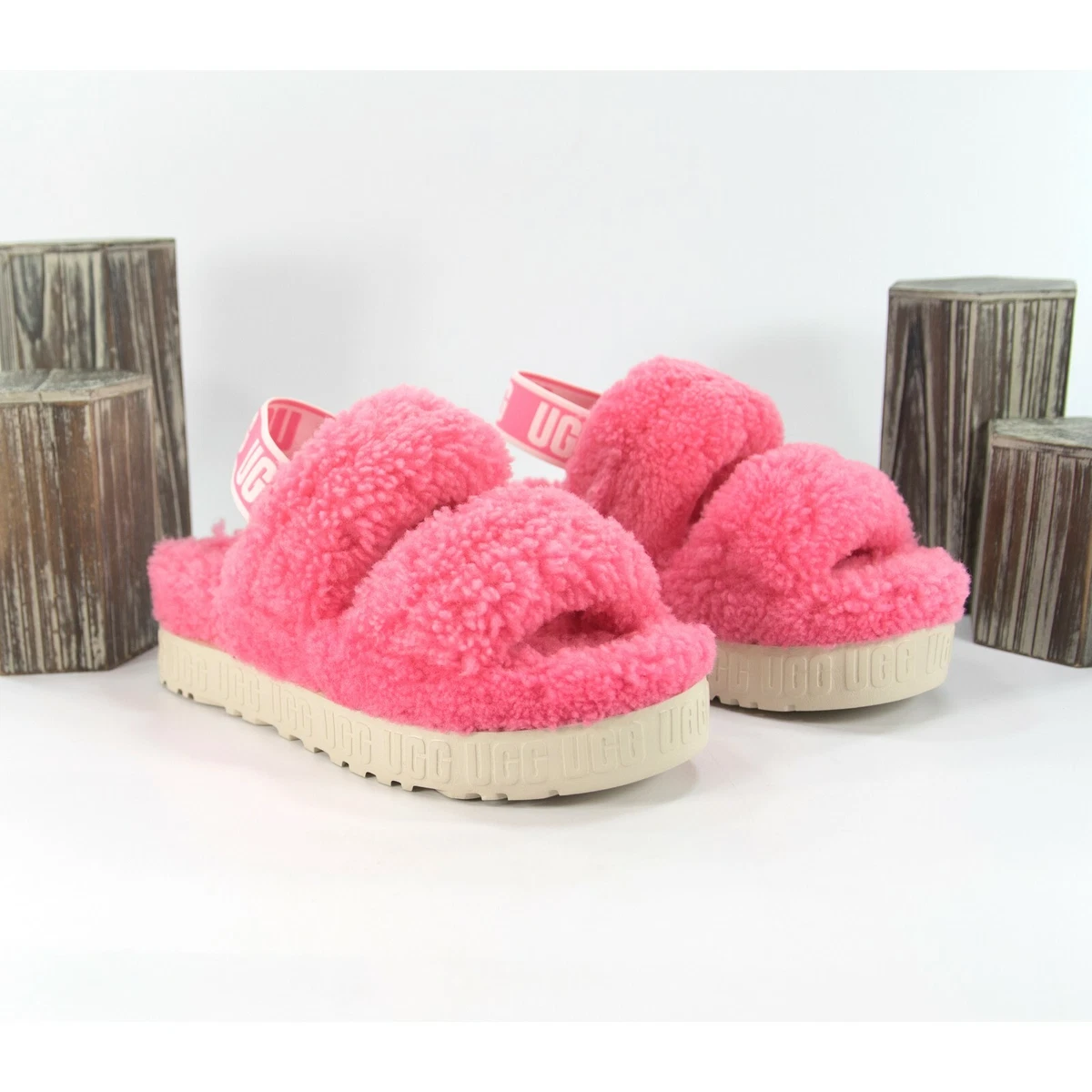 UGG Fluffita Oh Yea Pink Rose Sheepskin Fur Slippers Slides Sandals Sz 6  NIB