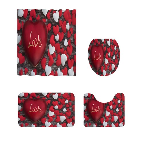 Valentine's Day Printed Shower Curtain Carpet Toilet Cover Floor Mat Combination - Picture 2 of 4