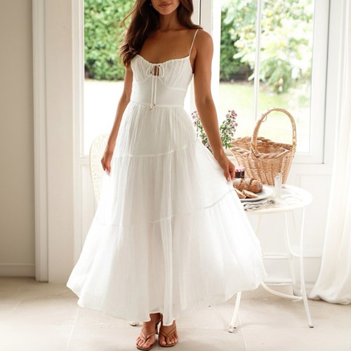 Womens Boho Ruffle Frill Strappy Lace Up Maxi Long Dress Summer Beach Sundress - Picture 16 of 16