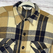 Vtg Woolrich Shirt Jacket Mens L Wool Shacket Button Cream Brown Navy Plaid 70s