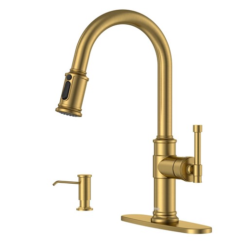 Brushed Gold/Brass Pull Down Kitchen Faucet with 3-Mode Sprayer and Soap Disp...