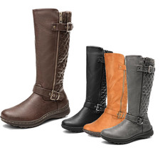 Women Low Heel Round Toe Faux Fur Lined Zip Up Riding Knee High Boots