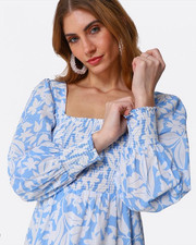 New Rixo YAS BLUE PALM SHIRRED MAXI DRESS Sz L