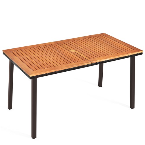 Rectangle Patio Outdoor Dining Table Acacia Wood Tabletop w/ 2" Umbrella Hole - Picture 10 of 10