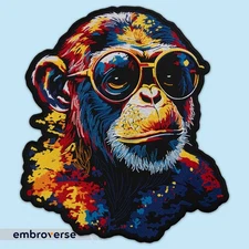 Colorful Monkey Embroidered Patch, Vibrant Ape with Retro Glasses,  Iron-On
