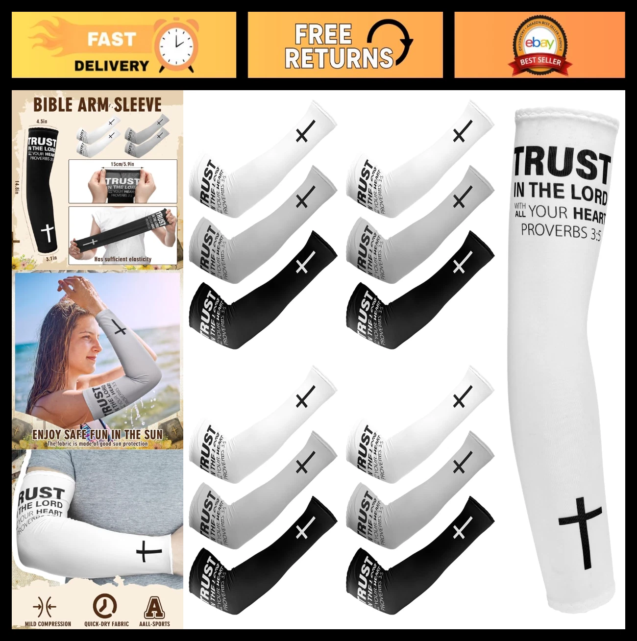 6 Pairs Compression Arm Sleeves - Faith Cross Design for Men & Women, UV Protect
Opens in a new wind