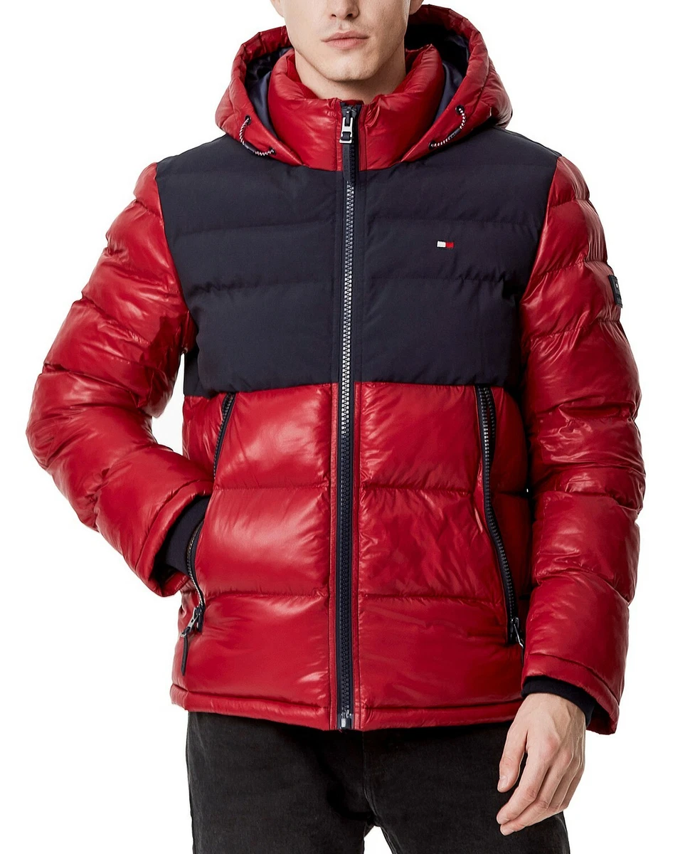 Tommy Hilfiger Men s Red Navy Two Tone Matte Shiny Puffer Hooded Jacket 250