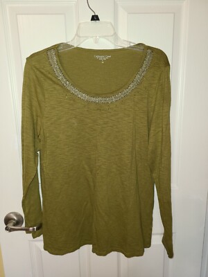 Cold Water Creek Beaded Olive Green Long Sleeve Shirt - SZ. L (14)