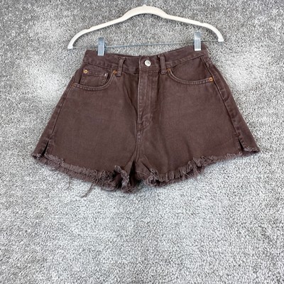 Pull Bear Jean Shorts Women's Brown Frayed Hem High Rise