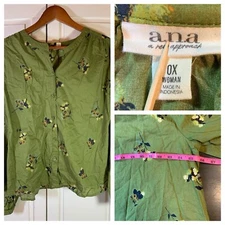 ana A New Approach Women's OX Floral Blouse Button Cuff Green Spring Top
