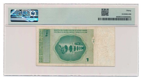 BOSNIA-HERZEGOVINA banknote 1 Convertible Marka 1998 Ivo Andric PMG VF 30 RARE ! - Picture 2 of 7