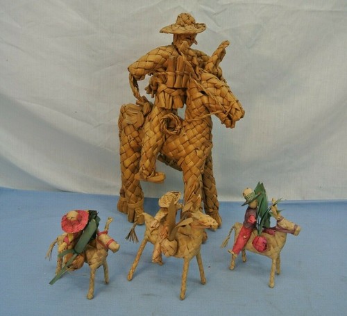 BRAIDED ZAPATA MEXICAN FOLK PALM ART BASKET WOVEN DONKEY W/ RIDER - Picture 2 of 9
