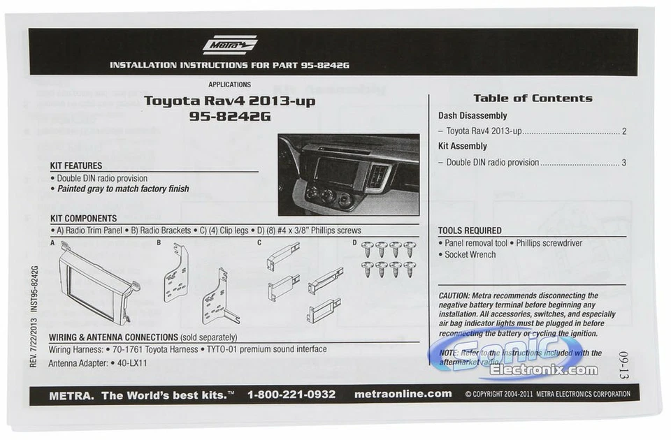 Kit de tablero de instalación doble DIN Metra 95-8242G para vehículos Toyota Rav4 2013-up Foto 2 de 3